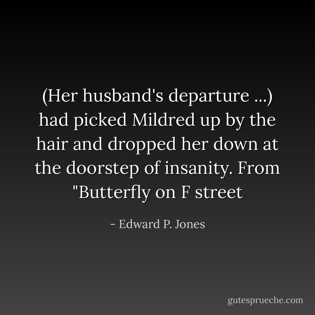 (Her husband's departure ...) had picked Mildred up by the hair and dropped her down at the doorstep of insanity.<br />From "Butterfly on F street - Edward P. Jones