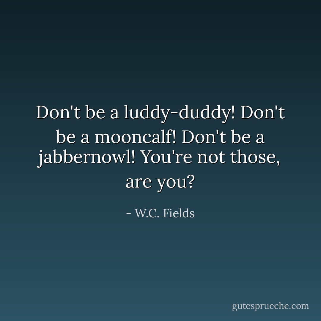 Don't be a luddy-duddy! Don't be a mooncalf! Don't be a jabbernowl! You're not those, are you? - W.C. Fields