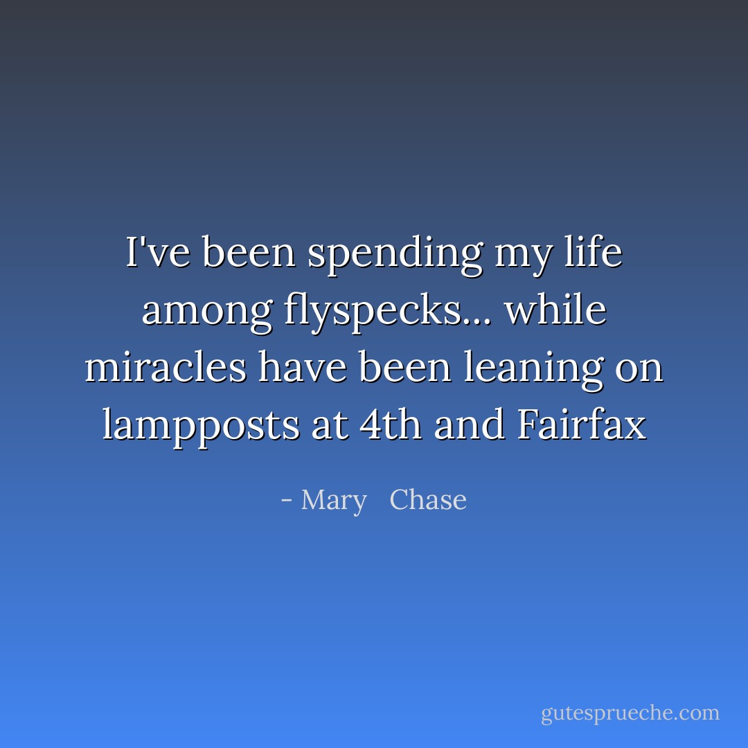 I've been spending my life among flyspecks... while miracles have been leaning on lampposts at 4th and Fairfax - Mary   Chase