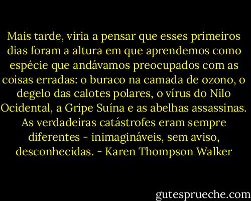 Mais tarde, viria a pensar que esses primeiros dias foram a altura em que aprendemos como espécie que andávamos preocupados com as coisas erradas: o buraco na camada de ozono, o degelo das calotes polares, o vírus do Nilo Ocidental, a Gripe Suína e as abelhas assassinas. As verdadeiras catástrofes eram sempre diferentes - inimagináveis, sem aviso, desconhecidas. - Karen Thompson Walker