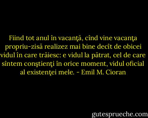 Fiind tot anul în vacanţă, cînd vine vacanţa propriu-zisă realizez mai bine decît de obicei vidul în care trăiesc: e vidul la pătrat, cel de care sîntem conştienţi în orice moment, vidul oficial al existenţei mele. - Emil M. Cioran