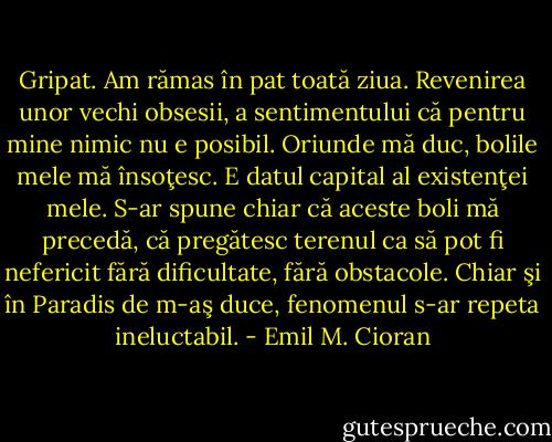 Gripat. Am rămas în pat toată ziua. Revenirea unor vechi obsesii, a sentimentului că pentru mine nimic nu e posibil. Oriunde mă duc, bolile mele mă însoţesc. E datul capital al existenţei mele. S-ar spune chiar că aceste boli mă precedă, că pregătesc terenul ca să pot fi nefericit fără dificultate, fără obstacole. Chiar şi în Paradis de m-aş duce, fenomenul s-ar repeta ineluctabil. - Emil M. Cioran