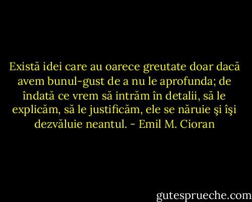 Există idei care au oarece greutate doar dacă avem bunul-gust de a nu le aprofunda; de îndată ce vrem să intrăm în detalii, să le explicăm, să le justificăm, ele se năruie şi îşi dezvăluie neantul. - Emil M. Cioran
