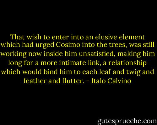 That wish to enter into an elusive element which had urged Cosimo into the trees, was still working now inside him unsatisfied, making him long for a more intimate link, a relationship which would bind him to each leaf and twig and feather and flutter. - Italo Calvino
