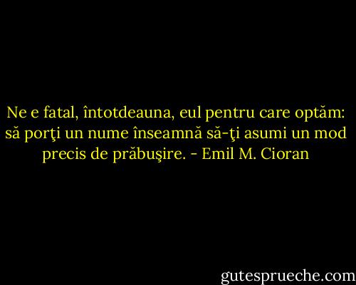 Ne e fatal, întotdeauna, eul pentru care optăm: să porţi un nume înseamnă să-ţi asumi un mod precis de prăbuşire. - Emil M. Cioran