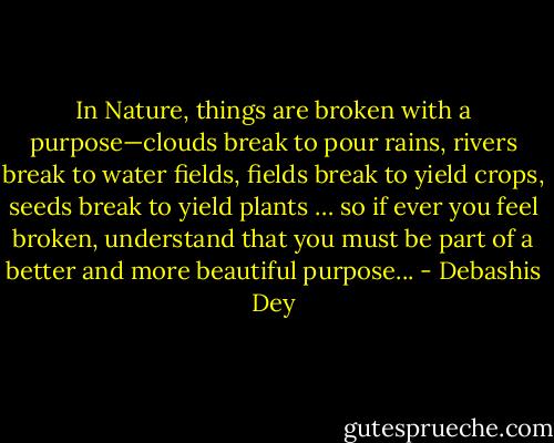 In Nature, things are broken with a purpose—clouds break to pour rains, rivers break to water fields, fields break to yield crops, seeds break to yield plants … so if ever you feel broken, understand that you must be part of a better and more beautiful purpose... - Debashis Dey