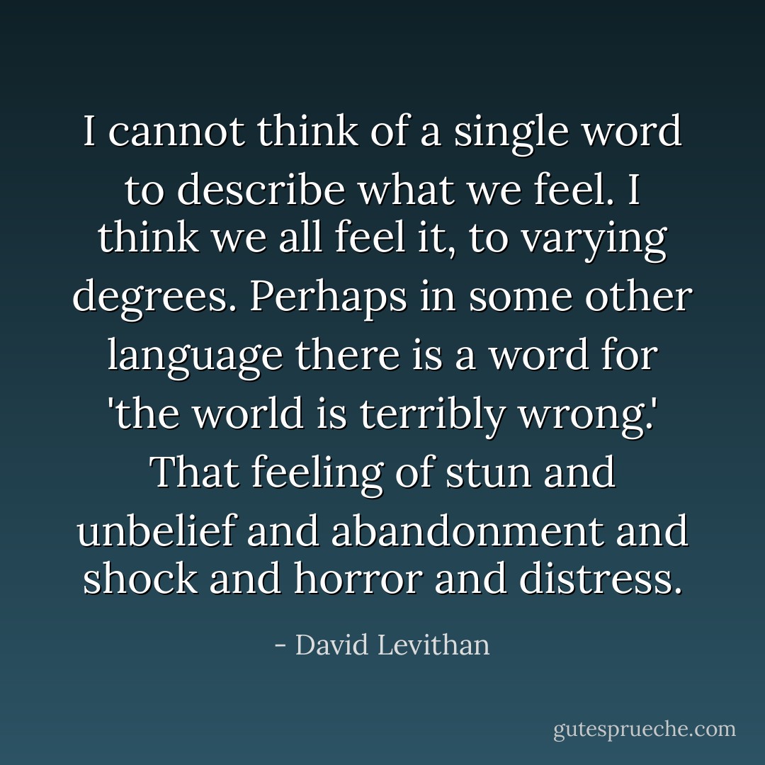 I cannot think of a single word to describe what we feel. I think we all feel it, to varying degrees. Perhaps in some other language there is a word for 'the world is terribly wrong.' That feeling of stun and unbelief and abandonment and shock and horror and distress. - David Levithan