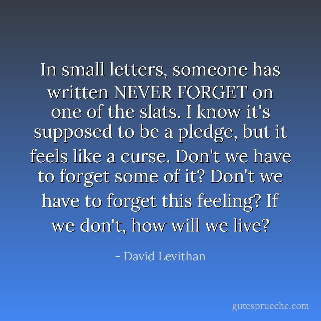 In small letters, someone has written NEVER FORGET on one of the slats. I know it's supposed to be a pledge, but it feels like a curse. Don't we have to forget some of it? Don't we have to forget this feeling? If we don't, how will we live? - David Levithan