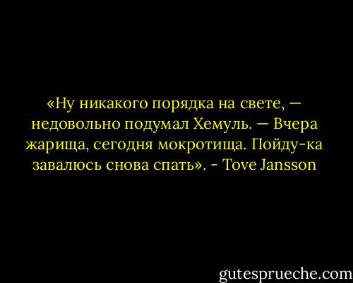 «Ну никакого порядка на свете, — недовольно подумал Хемуль. — Вчера жарища, сегодня мокротища. Пойду-ка завалюсь снова спать». - Tove Jansson