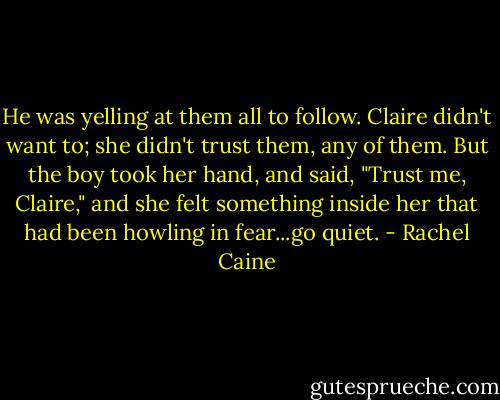 He was yelling at them all to follow. Claire didn't want to; she didn't trust them, any of them. But the boy took her hand, and said, "Trust me, Claire," and she felt something inside her that had been howling in fear...go quiet. - Rachel Caine