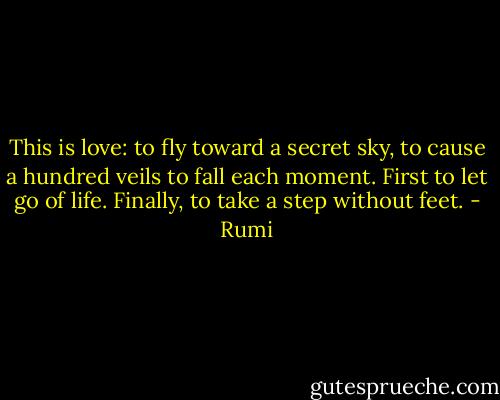 This is love: to fly toward a secret sky, to cause a hundred veils to fall each moment. First to let go of life. Finally, to take a step without feet. - Rumi