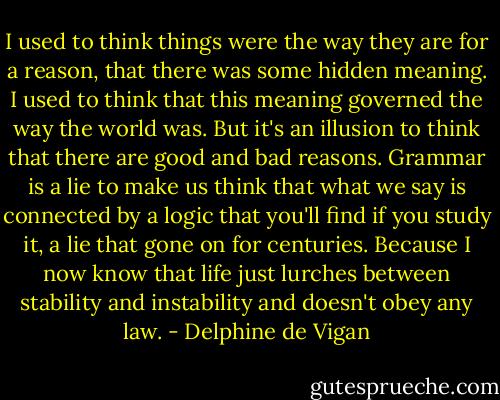 I used to think things were the way they are for a reason, that there was some hidden meaning. I used to think that this meaning governed the way the world was. But it's an illusion to think that there are good and bad reasons. Grammar is a lie to make us think that what we say is connected by a logic that you'll find if you study it, a lie that gone on for centuries. Because I now know that life just lurches between stability and instability and doesn't obey any law. - Delphine de Vigan