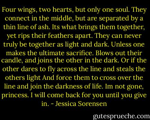Four wings, two hearts, but only one soul. They connect in the middle, but are separated by a thin line of ash. Its what brings them together, yet rips their feathers apart. They can never truly be together as light and dark. Unless one makes the ultimate sacrifice. Blows out their candle, and joins the other in the dark. Or if the other dares to fly across the line and steals the others light And force them to cross over the line and join the darkness of life. Im not gone, princess. I will come back for you until you give in. - Jessica Sorensen