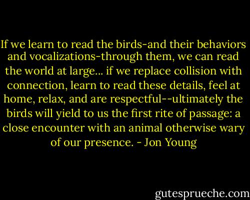 If we learn to read the birds-and their behaviors and vocalizations-through them, we can read the world at large... if we replace collision with connection, learn to read these details, feel at home, relax, and are respectful--ultimately the birds will yield to us the first rite of passage: a close encounter with an animal otherwise wary of our presence. - Jon Young