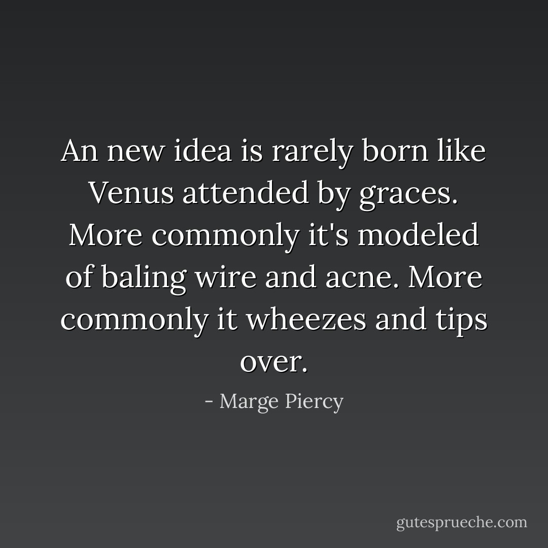 An new idea is rarely born like Venus attended by graces. More commonly it's modeled of baling wire and acne. More commonly it wheezes and tips over. - Marge Piercy