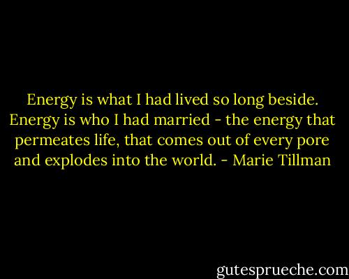 Energy is what I had lived so long beside. Energy is who I had married - the energy that permeates life, that comes out of every pore and explodes into the world. - Marie Tillman