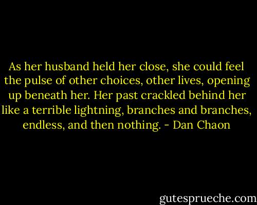 As her husband held her close, she could feel the pulse of other choices, other lives, opening up beneath her. Her past crackled behind her like a terrible lightning, branches and branches, endless, and then nothing. - Dan Chaon