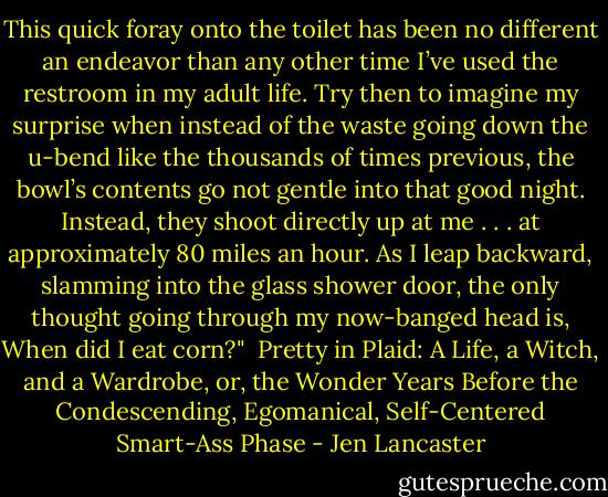 This quick foray onto the toilet has been no different an endeavor than any other time I’ve used the restroom in my adult life. Try then to imagine my surprise when instead of the waste going down the u-bend like the thousands of times previous, the bowl’s contents go not gentle into that good night.<br />Instead, they shoot directly up at me . . . at approximately 80 miles an hour.<br />As I leap backward, slamming into the glass shower door, the only thought going through my now-banged head is, When did I eat corn?"<br /><br />Pretty in Plaid: A Life, a Witch, and a Wardrobe, or, the Wonder Years Before the Condescending, Egomanical, Self-Centered Smart-Ass Phase - Jen Lancaster