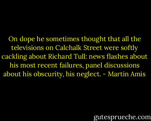 On dope he sometimes thought that all the televisions on Calchalk Street were softly cackling about Richard Tull: news flashes about his most recent failures, panel discussions about his obscurity, his neglect. - Martin Amis