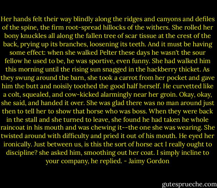 Her hands felt their way blindly along the ridges and canyons and defiles of the spine, the firm root-spread hillocks of the withers. She rolled her bony knuckles all along the fallen tree of scar tissue at the crest of the back, prying up its branches, loosening its teeth. And it must be having some effect: when she walked Pelter these days he wasn't the sour fellow he used to be, he was sportive, even funny. She had walked him this morning until the rising sun snagged in the hackberry thicket. As they swung around the barn, she took a carrot from her pocket and gave him the butt and noisily toothed the good half herself. He curvetted like a colt, squealed, and cow-kicked alarmingly near her groin. Okay, okay, she said, and handed it over. She was glad there was no man around just then to tell her to show that horse who was boss. When they were back in the stall and she turned to leave, she found he had taken he whole raincoat in his mouth and was chewing it--the one she was wearing. She twisted around with difficulty and pried it out of his mouth. He eyed her ironically. Just between us, is this the sort of horse act I really ought to discipline? she asked him, smoothing out her coat. I simply incline to your company, he replied. - Jaimy Gordon