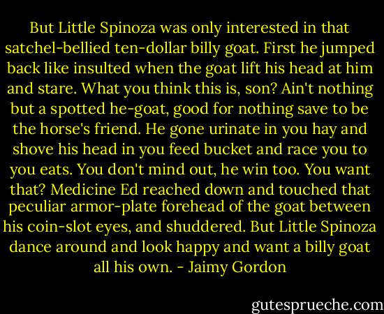 But Little Spinoza was only interested in that satchel-bellied ten-dollar billy goat. First he jumped back like insulted when the goat lift his head at him and stare. What you think this is, son? Ain't nothing but a spotted he-goat, good for nothing save to be the horse's friend. He gone urinate in you hay and shove his head in you feed bucket and race you to you eats. You don't mind out, he win too. You want that? Medicine Ed reached down and touched that peculiar armor-plate forehead of the goat between his coin-slot eyes, and shuddered. But Little Spinoza dance around and look happy and want a billy goat all his own. - Jaimy Gordon