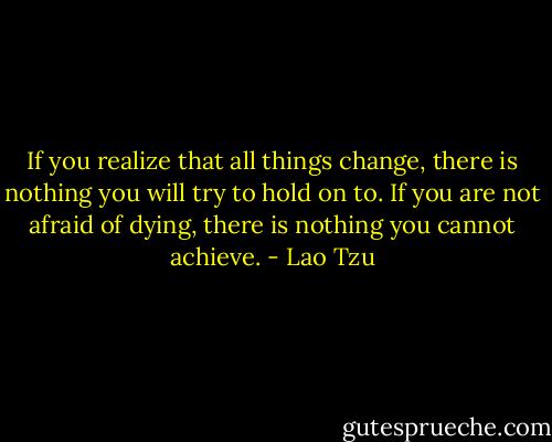 If you realize that all things change, there is nothing you will try to hold on to. If you are not afraid of dying, there is nothing you cannot achieve. - Lao Tzu