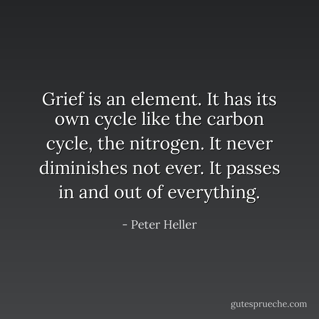 Grief is an element. It has its own cycle like the carbon cycle, the nitrogen. It never diminishes not ever. It passes in and out of everything. - Peter Heller