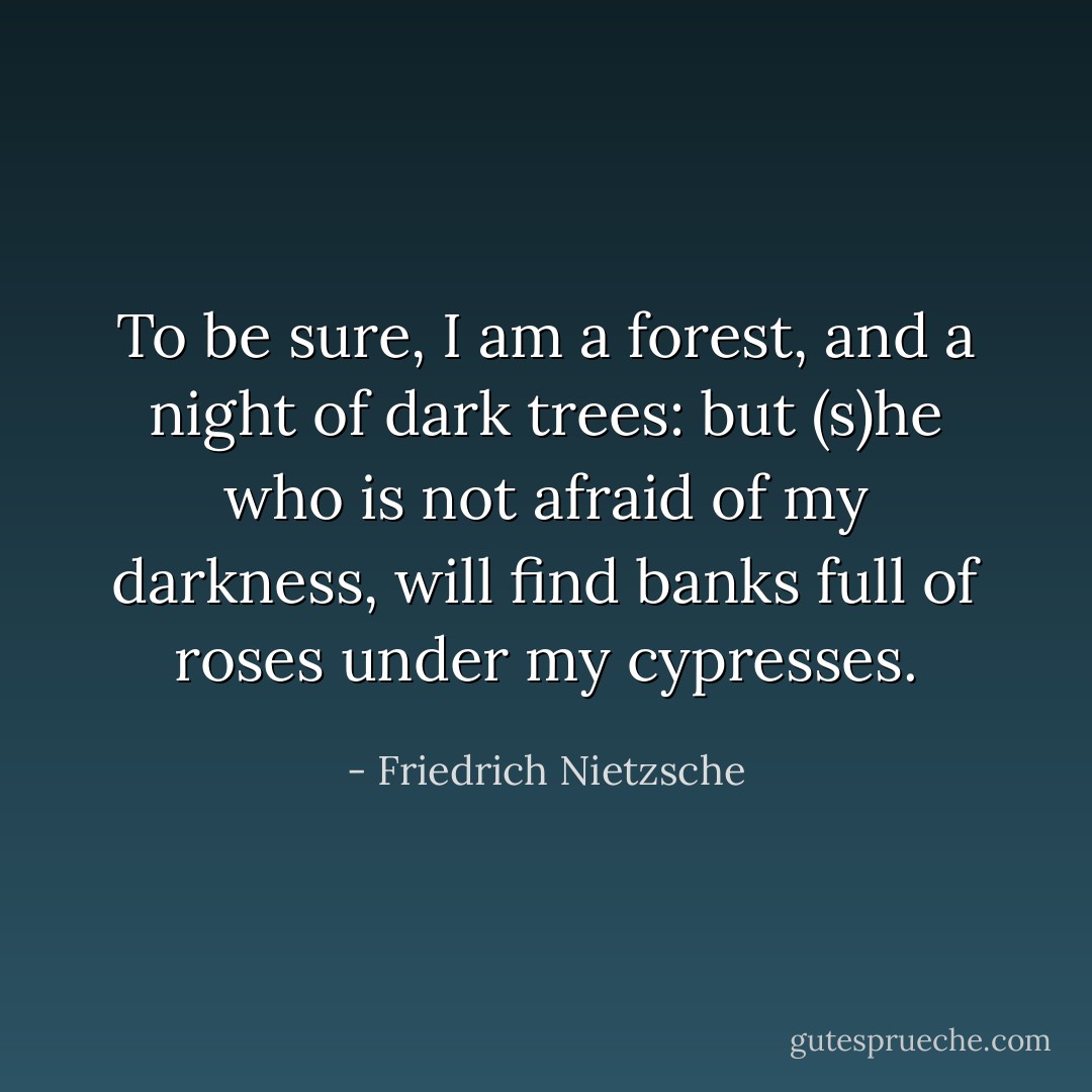 To be sure, I am a forest, and a night of dark trees: but (s)he who is not afraid of my darkness, will find banks full of roses under my cypresses. - Friedrich Nietzsche