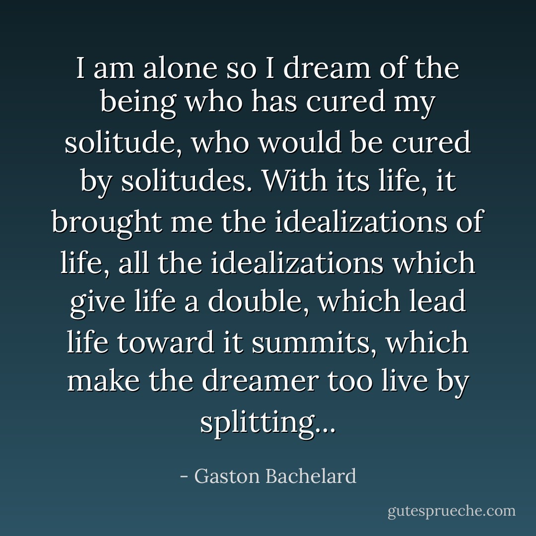 I am alone so I dream of the being who has cured my solitude, who would be cured by solitudes. With its life, it brought me the idealizations of life, all the idealizations which give life a double, which lead life toward it summits, which make the dreamer too live by splitting... - Gaston Bachelard