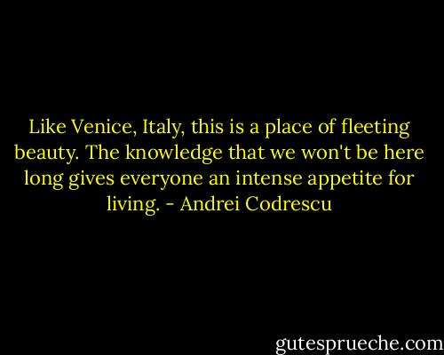 Like Venice, Italy, this is a place of fleeting beauty. The knowledge that we won't be here long gives everyone an intense appetite for living. - Andrei Codrescu