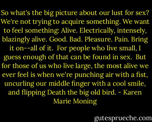 So what's the big picture about our lust for sex?<br />We're not trying to acquire something. We want to feel something: Alive. Electrically, intensely, blazingly alive. Good. Bad. Pleasure. Pain. Bring it on--all of it. <br />For people who live small, I guess enough of that can be found in sex. <br />But for those of us who live large, the most alive we ever feel is when we're punching air with a fist, uncurling our middle finger with a cool smile, and flipping Death the big old bird. - Karen Marie Moning
