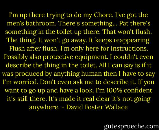 I'm up there trying to do my Chore. I've got the men's bathroom. There's something... Pat there's something in the toilet up there. That won't flush. The thing. It won't go away. It keeps reappearing. Flush after flush. I'm only here for instructions. Possibly also protective equipment. I couldn't even describe the thing in the toilet. All I can say is if it was produced by anything human then I have to say I'm worried. Don't even ask me to describe it. If you want to go up and have a look, I'm 100% confident it's still there. It's made it real clear it's not going anywhere. - David Foster Wallace