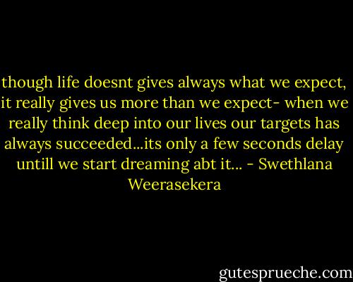 though life doesnt gives always what we expect, it really gives us more than we expect- when we really think deep into our lives our targets has always succeeded...its only a few seconds delay untill we start dreaming abt it... - Swethlana Weerasekera