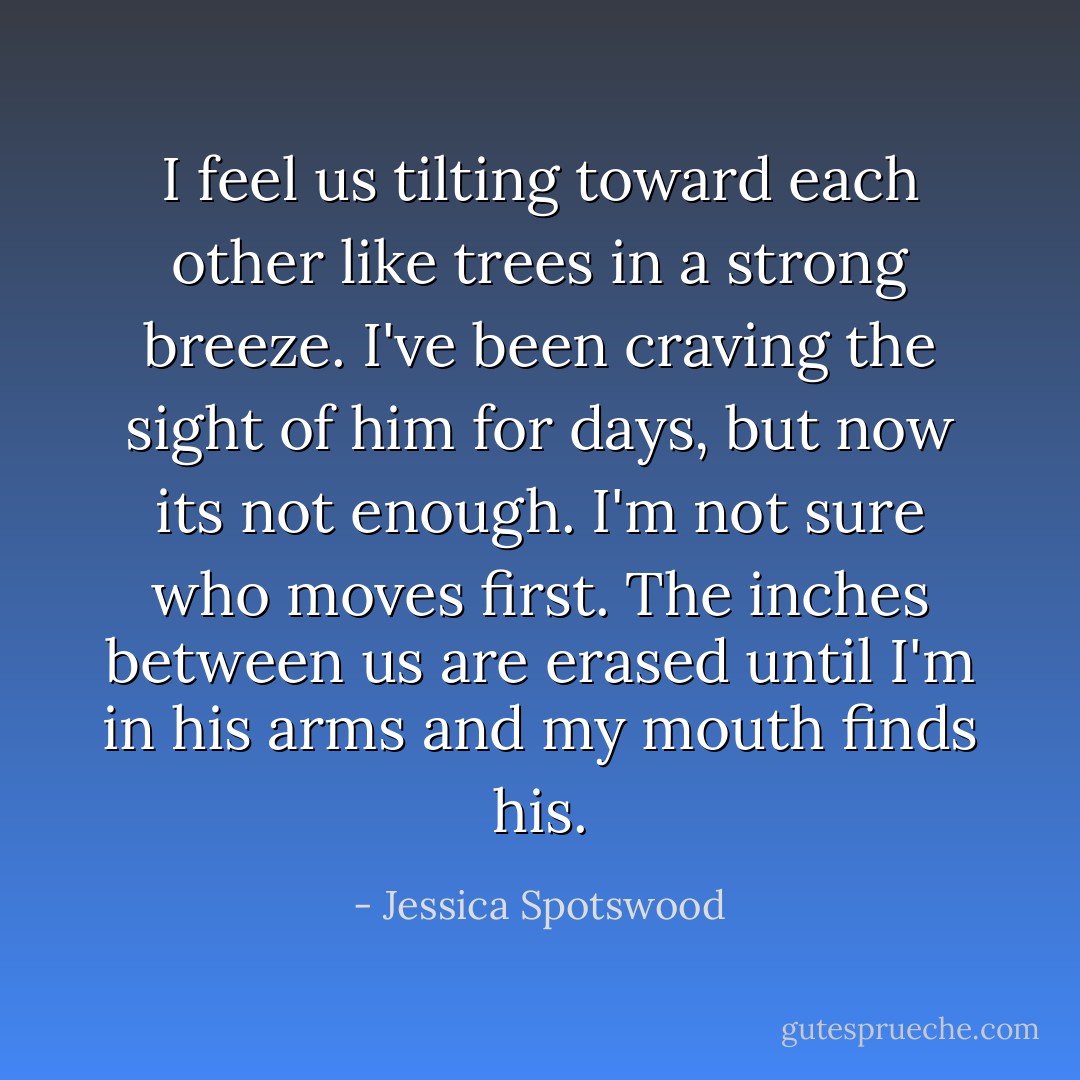 I feel us tilting toward each other like trees in a strong breeze. I've been craving the sight of him for days, but now its not enough. I'm not sure who moves first. The inches between us are erased until I'm in his arms and my mouth finds his. - Jessica Spotswood