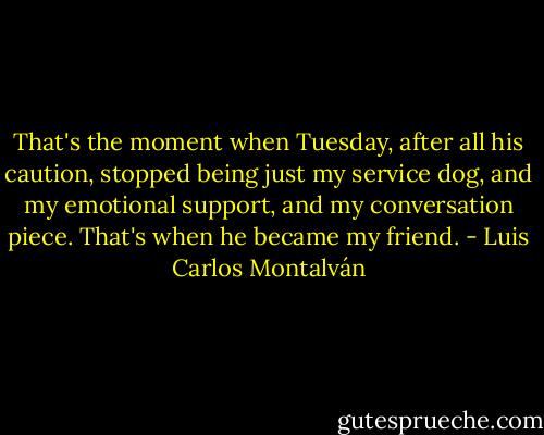 That's the moment when Tuesday, after all his caution, stopped being just my service dog, and my emotional support, and my conversation piece. That's when he became my friend. - Luis Carlos Montalván