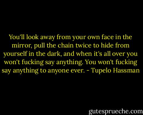 You'll look away from your own face in the mirror, pull the chain twice to hide from yourself in the dark, and when it's all over you won't fucking say anything. You won't fucking say anything to anyone ever. - Tupelo Hassman