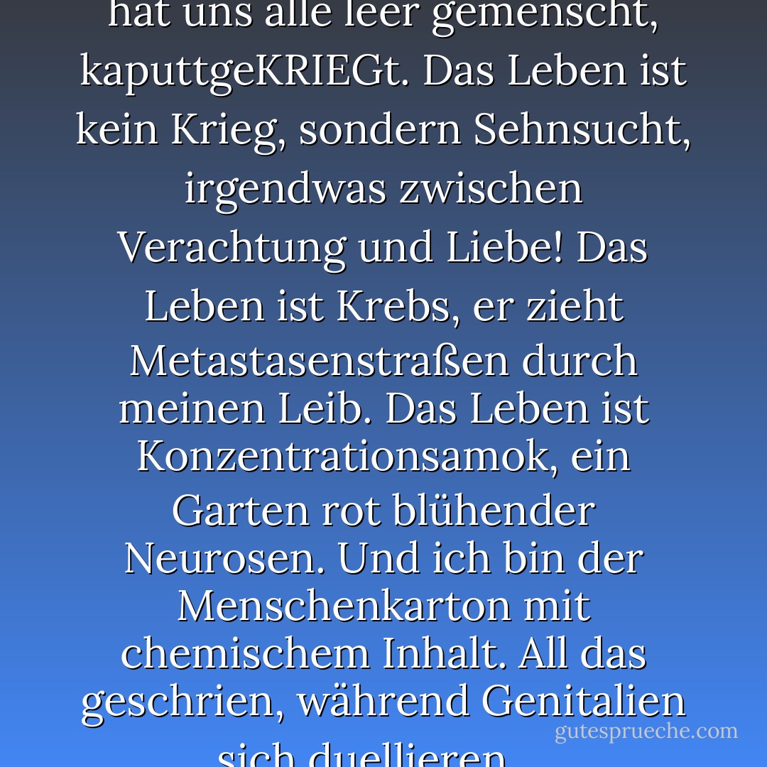 Das Leben ist Krieg. Der Krieg hat uns alle leer gemenscht, kaputtgeKRIEGt.<br />Das Leben ist kein Krieg, sondern Sehnsucht, irgendwas zwischen Verachtung und Liebe!<br />Das Leben ist Krebs, er zieht Metastasenstraßen durch meinen Leib.<br />Das Leben ist Konzentrationsamok, ein Garten rot blühender Neurosen.<br />Und ich bin der Menschenkarton mit chemischem Inhalt.<br />All das geschrien, während Genitalien sich duellieren ... - Dirk Bernemann