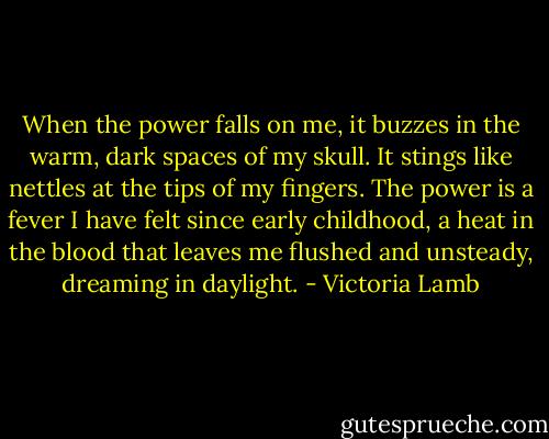 When the power falls on me, it buzzes in the warm, dark spaces of my skull. It stings like nettles at the tips of my fingers. The power is a fever I have felt since early childhood, a heat in the blood that leaves me flushed and unsteady, dreaming in daylight. - Victoria Lamb