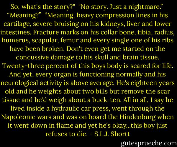 So, what's the story?"<br /><br />"No story. Just a nightmare.”<br /><br />“Meaning?”<br /><br />“Meaning, heavy compression lines in his cartilage, severe bruising on his kidneys, liver and lower intestines. Fracture marks on his collar bone, tibia, radius, humerus, scapular, femur and every single one of his ribs have been broken. Don't even get me started on the concussive damage to his skull and brain tissue. Twenty-three percent of this boys body is scared for life. And yet, every organ is functioning normally and his neurological activity is above average. He's eighteen years old and he weights about two bills but remove the scar tissue and he'd weigh about a buck-ten. All in all, I say he lived inside a hydraulic car press, went through the Napoleonic wars and was on board the Hindenburg when it went down in flame and yet he's okay...this boy just refuses to die. - S.L.J. Shortt