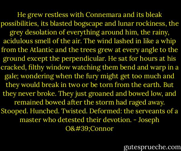 He grew restless with Connemara and its bleak possibilities, its blasted bogscape and lunar rockiness, the grey desolation of everything around him, the rainy, acidulous smell of the air. The wind lashed in like a whip from the Atlantic and the trees grew at every angle to the ground except the perpendicular. He sat for hours at his cracked, filthy window watching them bend and warp in a gale; wondering when the fury might get too much and they would break in two or be torn from the earth. But they never broke. They just groaned and bowed low, and remained bowed after the storm had raged away. Stooped. Hunched. Twisted. Deformed: the serveants of a master who detested their devotion. - Joseph O'Connor