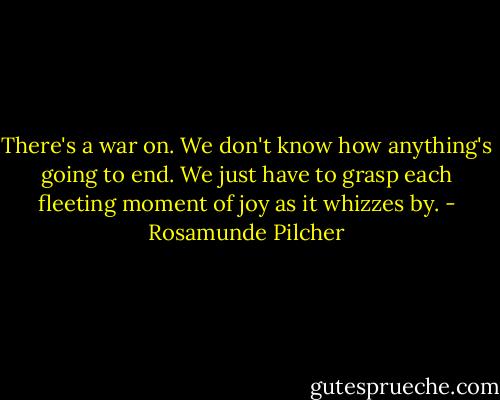 There's a war on. We don't know how anything's going to end. We just have to grasp each fleeting moment of joy as it whizzes by. - Rosamunde Pilcher
