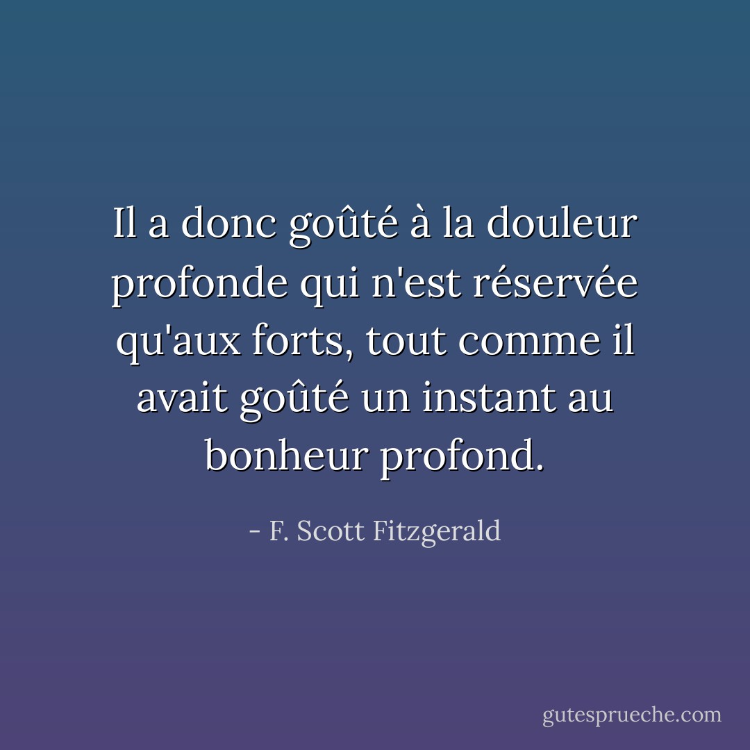 Il a donc goûté à la douleur profonde qui n'est réservée qu'aux forts, tout comme il avait goûté un instant au bonheur profond. - F. Scott Fitzgerald