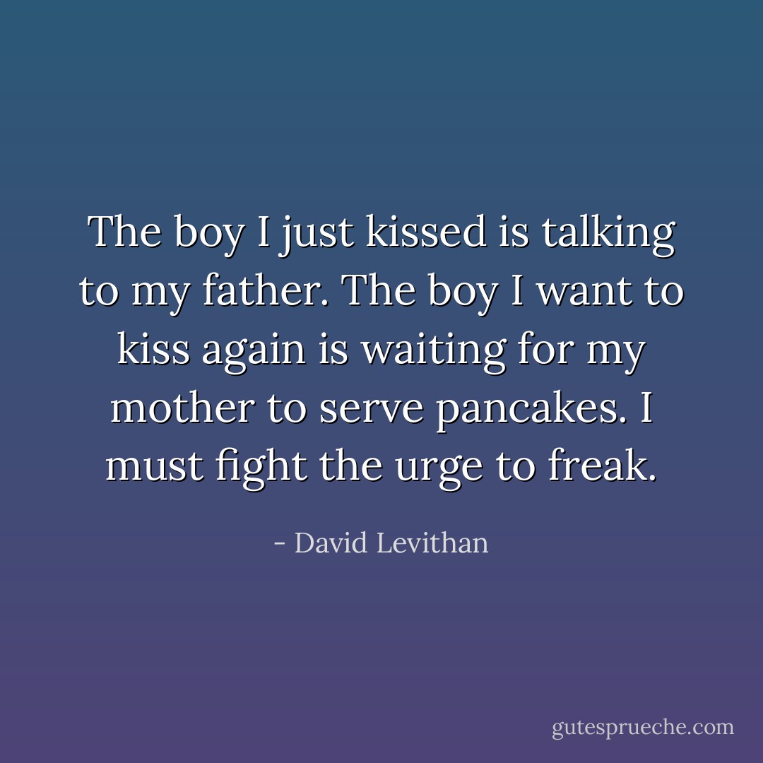 The boy I just kissed is talking to my father. The boy I want to kiss again is waiting for my mother to serve<br />pancakes.<br />I must fight the urge to freak. - David Levithan
