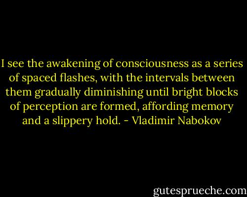 I see the awakening of consciousness as a series of spaced flashes, with the intervals between them gradually diminishing until bright blocks of perception are formed, affording memory and a slippery hold. - Vladimir Nabokov