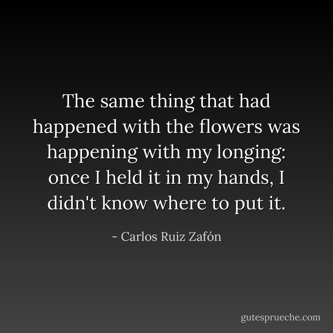 The same thing that had happened with the flowers was happening with my longing: once I held it in my hands, I didn't know where to put it. - Carlos Ruiz Zafón