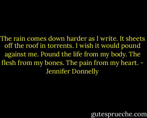 The rain comes down harder as I write. It sheets off the roof in torrents. I wish it would pound against me. Pound the life from my body. The flesh from my bones. The pain from my heart. - Jennifer Donnelly