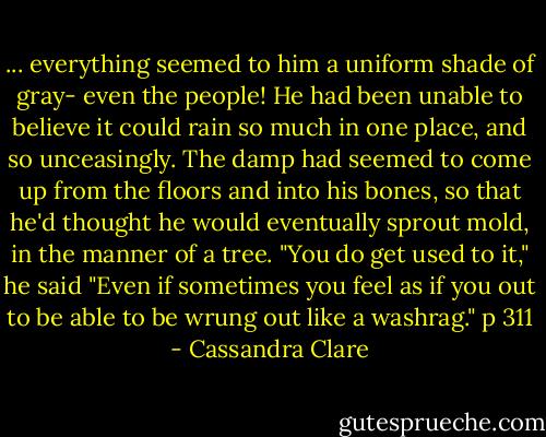 ... everything seemed to him a uniform shade of gray- even the people! He had been unable to believe it could rain so much in one place, and so unceasingly. The damp had seemed to come up from the floors and into his bones, so that he'd thought he would eventually sprout mold, in the manner of a tree. "You do get used to it," he said "Even if sometimes you feel as if you out to be able to be wrung out like a washrag." p 311 - Cassandra Clare