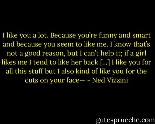 I like you a lot. Because you’re funny and smart and because you seem to like me. I know that’s not a good reason, but I can’t help it; if a girl likes me I tend to like her back [...] I like you for all this stuff but I also kind of like you for the cuts on your face— - Ned Vizzini