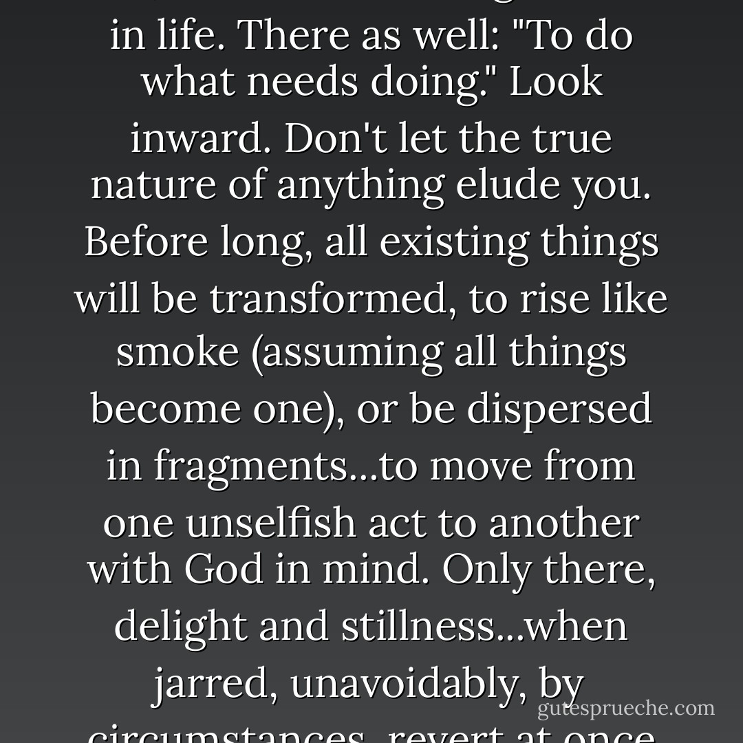 Just that you do the right thing. The rest doesn't matter. Cold or warm. Tired or well-rested. Despised or honored. Dying...or busy with other assignments. Because dying, too, is one of our assignments in life. There as well: "To do what needs doing." Look inward. Don't let the true nature of anything elude you. Before long, all existing things will be transformed, to rise like smoke (assuming all things become one), or be dispersed in fragments...to move from one unselfish act to another with God in mind. Only there, delight and stillness...when jarred, unavoidably, by circumstances, revert at once to yourself, and don't lose the rhythm more than you can help. You'll have a better grasp of the harmony if you keep going back to it. - Marcus Aurelius
