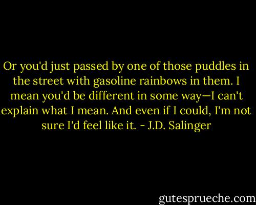 Or you'd just passed by one of those puddles in the street with gasoline rainbows in them. I mean you'd be different in some way—I can't explain what I mean. And even if I could, I'm not sure I'd feel like it. - J.D. Salinger